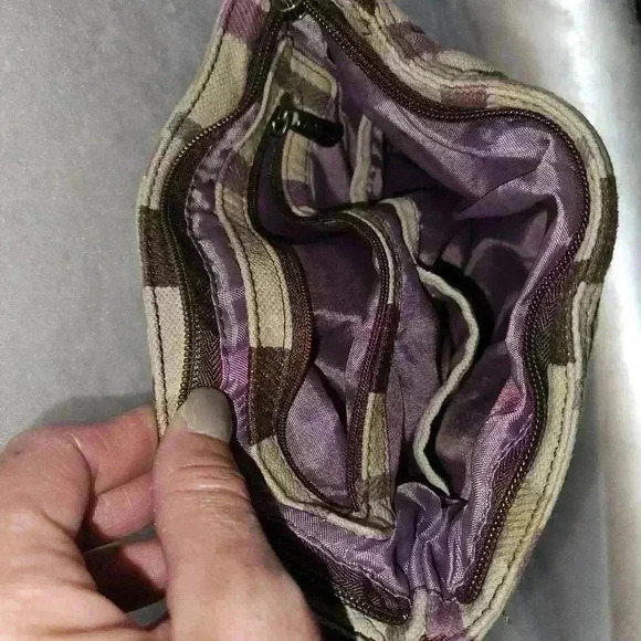 Thirty One Crossbody Canvas Purple Tan Brown Purple Stripe Multiple Pockets - Picture 4 of 10